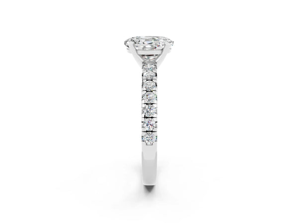 Platinum Oval Cut Moissanite Solitaire Pavé Engagement Ring with Round Band and Prong Setting