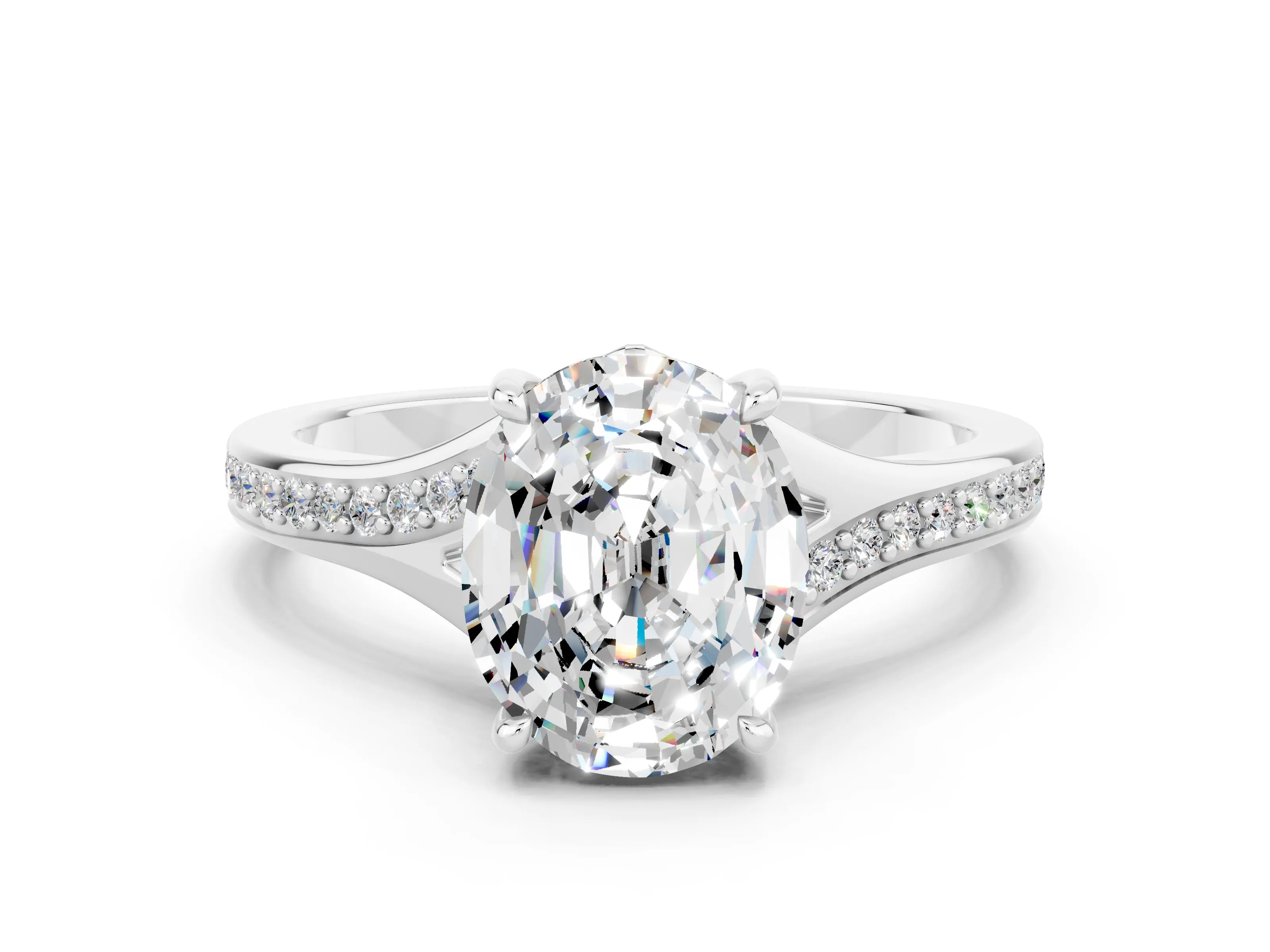 Platinum Oval Cut Moissanite Solitaire Ring with Pavé Band and Prong Setting_12