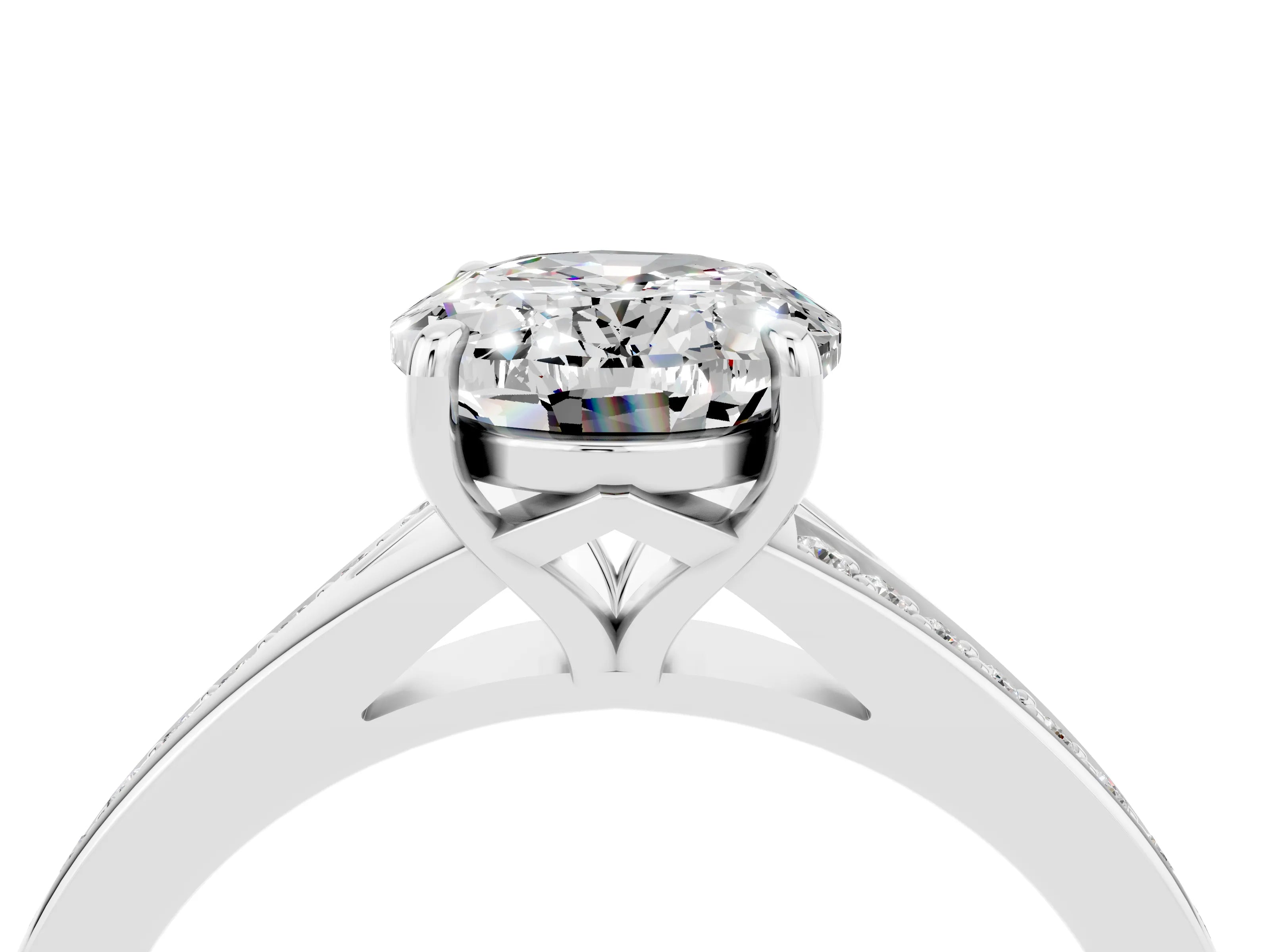 Platinum Oval Cut Moissanite Solitaire Ring with Pavé Band and Prong Setting_16