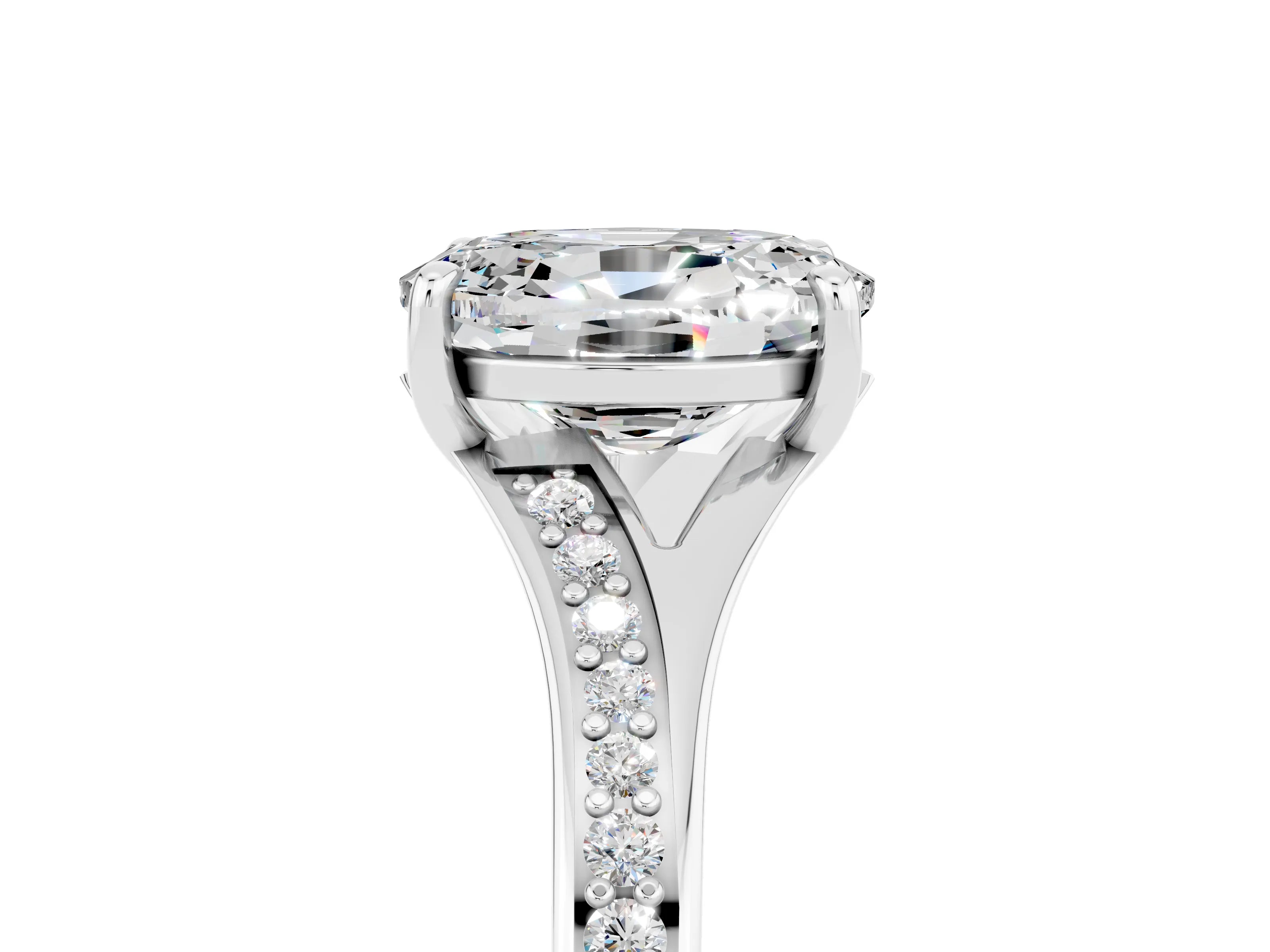 Platinum Oval Cut Moissanite Solitaire Ring with Pavé Band and Prong Setting_17