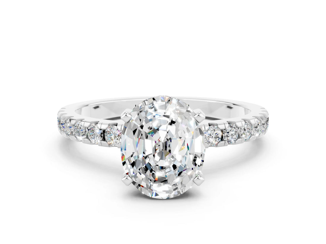 Platinum Oval Cut Moissanite Solitaire Ring with Round  Pavé Band and Four-Prong Setting_24