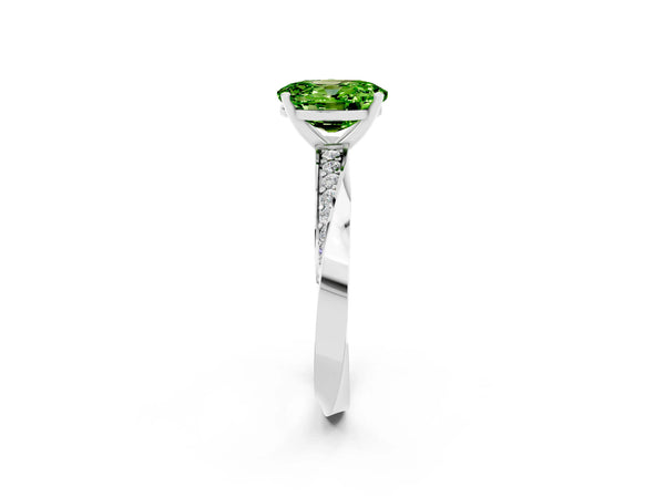 Platinum Oval Cut Peridot Engagement Ring with Side Stone Accents and Four-Prong Setting