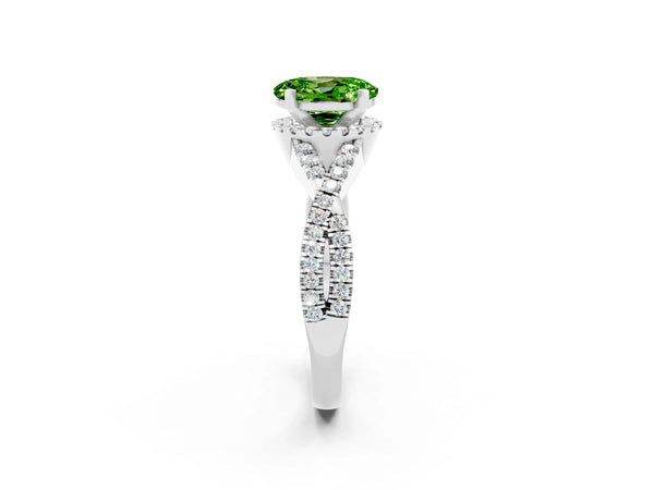Platinum Oval Cut Peridot  Halo Twist Band Solitaire Prong Setting Ring