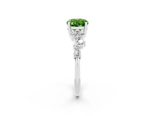 Platinum Oval Cut Peridot Scattered Round Accent Ring with Prong Setting