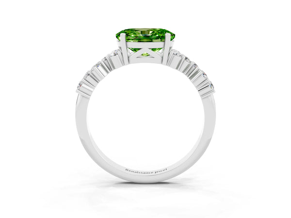 Platinum Oval Cut Peridot Scattered Round Accent Ring with Prong Setting