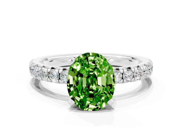 Platinum Oval Cut Peridot Solitaire Pavé Engagement Ring with Round Band and Prong Setting