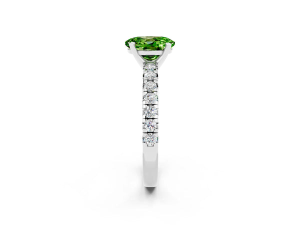 Platinum Oval Cut Peridot Solitaire Pavé Engagement Ring with Round Band and Prong Setting