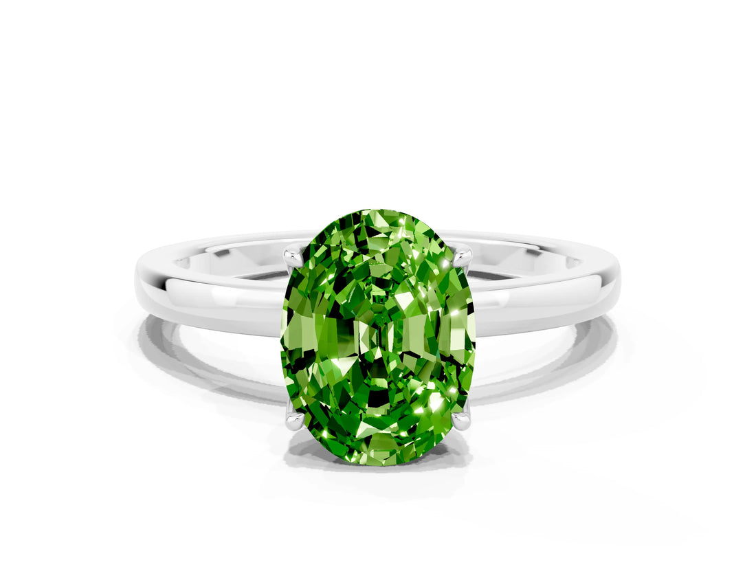 Platinum Oval Cut Peridot Solitaire Ring with Thin Band and Prong Setting_42