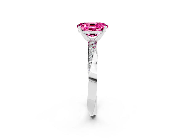 Platinum Oval Cut Pink Sapphire Engagement Ring with Side Stone Accents and Four-Prong Setting