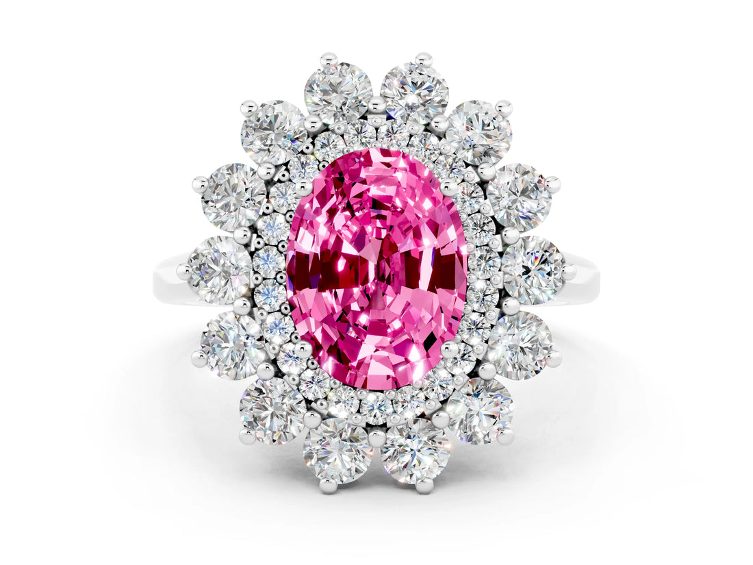 Platinum Oval Cut Pink Sapphire Floral Double Halo Engagement Ring with Prong Setting_138