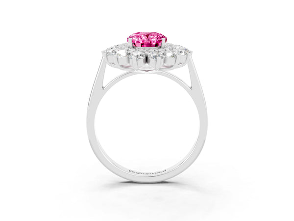Platinum Oval Lab-Grown Pink Sapphire Floral Double Halo Engagement Ring with Plain Band