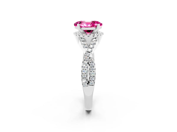 Platinum Oval Cut Pink Sapphire  Halo Twist Band Solitaire Prong Setting Ring