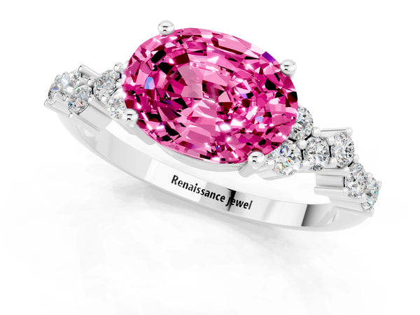 Platinum Oval Lab-Grown Pink Sapphire Scattered Accent Engagement Ring with Open X Gallery