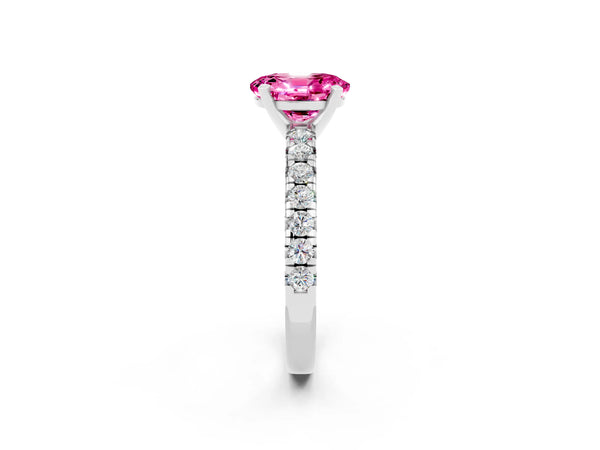 Platinum Oval Cut Pink Sapphire Solitaire Pavé Engagement Ring with Round Band and Prong Setting
