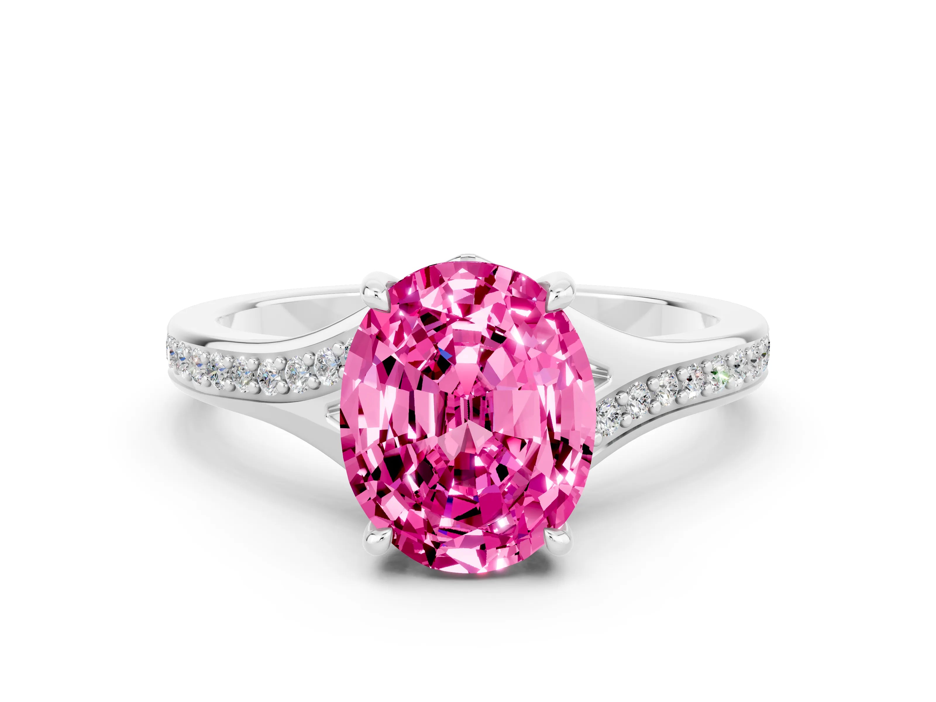Platinum Oval Cut Pink Sapphire Solitaire Ring with Pavé Band and Prong Setting_12