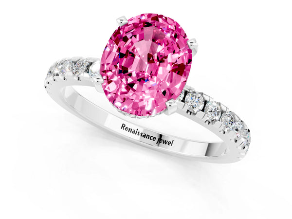Platinum Oval Cut Pink Sapphire Solitaire Ring with Round Pavé Band and Four-Prong Setting