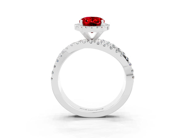 Platinum Oval Lab-Grown Ruby Halo Engagement Ring with Twisted Pave Split Shank