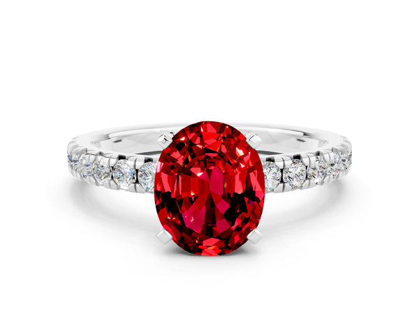 Platinum Oval Cut Ruby Solitaire Pavé Engagement Ring with Round Band and Prong Setting