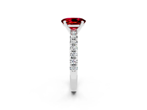 Platinum Oval Cut Ruby Solitaire Pavé Engagement Ring with Round Band and Prong Setting