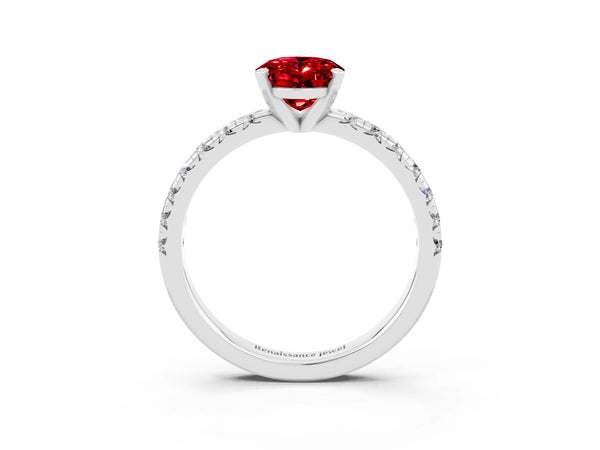 Platinum Oval Cut Ruby Solitaire Pavé Engagement Ring with Round Band and Prong Setting