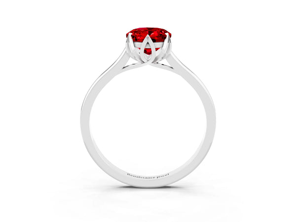 Platinum Oval Lab-Grown Ruby Floral Solitaire Engagement Ring with Flower Prong Head and Plain Band