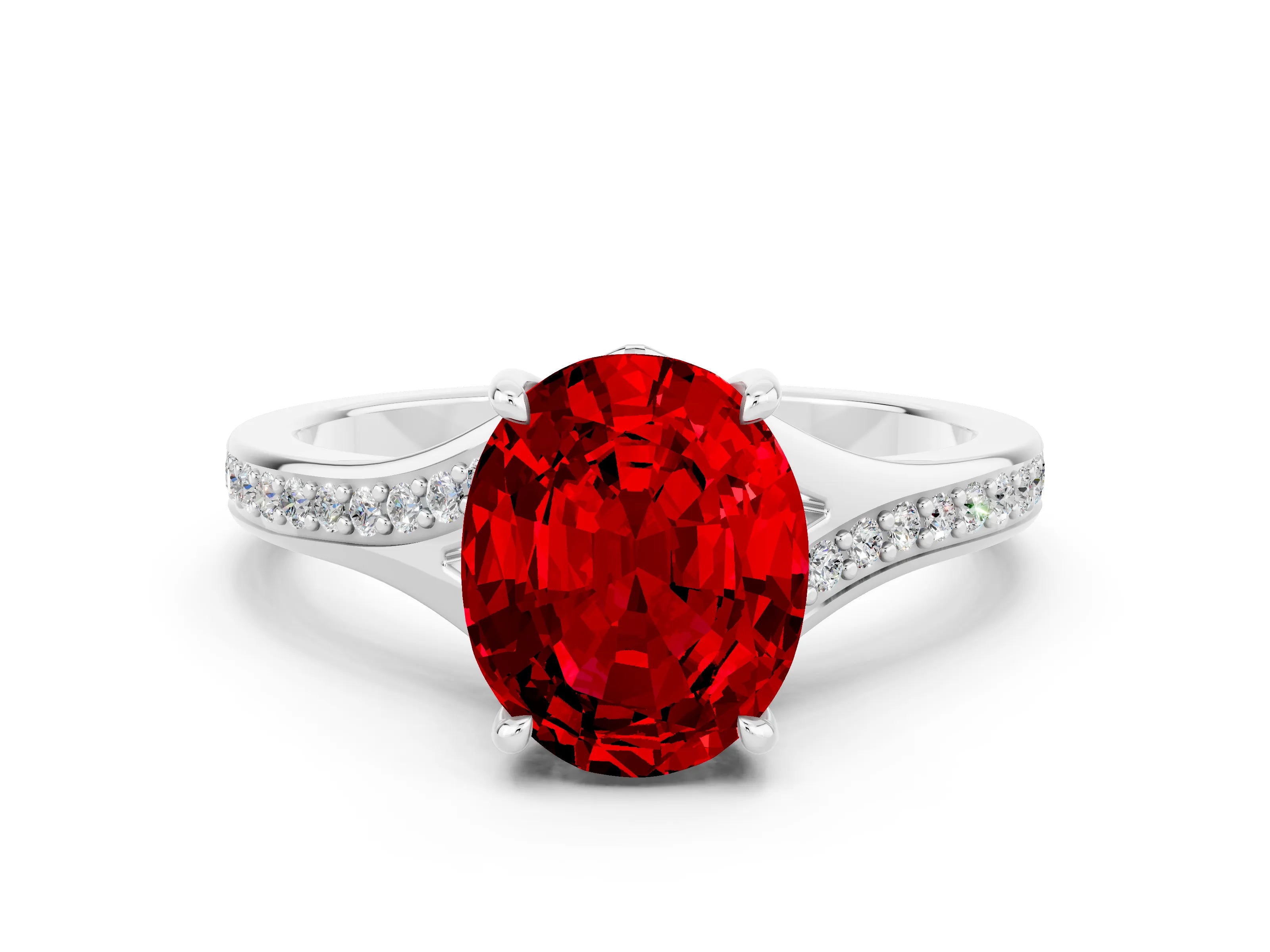 Platinum Oval Cut Ruby Solitaire Ring with Pavé Band and Prong Setting_12