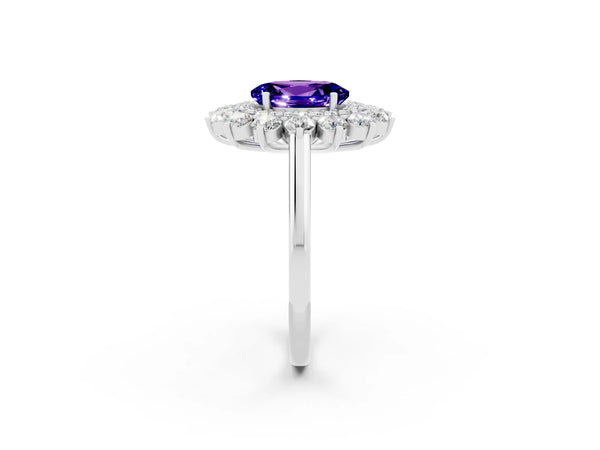 Platinum Oval Cut Tanzanite Floral Double Halo Engagement Ring with Prong Setting
