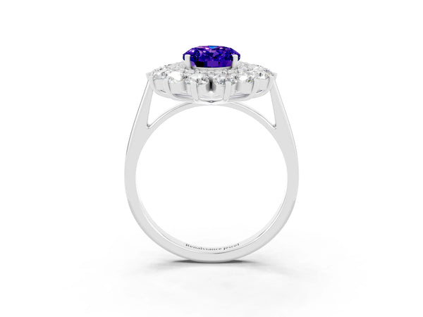 Platinum Oval Cut Tanzanite Floral Double Halo Engagement Ring with Prong Setting