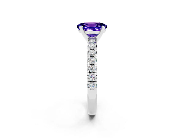 Platinum Oval Cut Tanzanite Solitaire Pavé Engagement Ring with Round Band and Prong Setting
