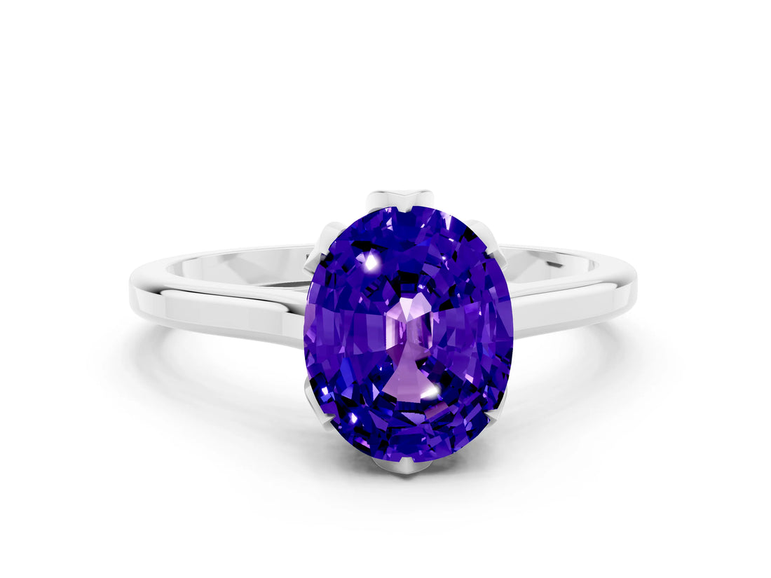 Platinum Oval Cut Tanzanite Solitaire Ring with Flower Prong Setting and Classic Band