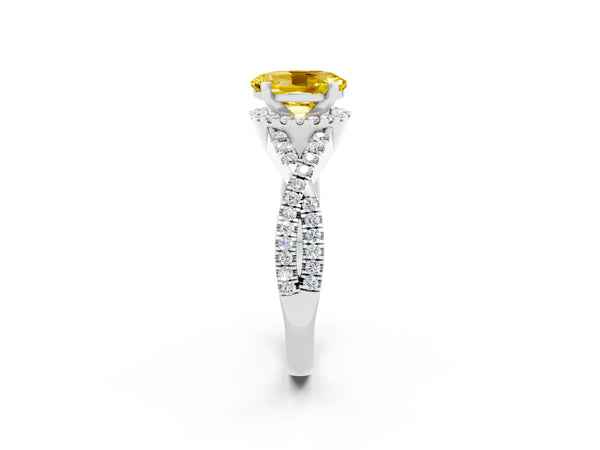 Platinum Oval Cut Yellow Sapphire  Halo Twist Band Solitaire Prong Setting Ring