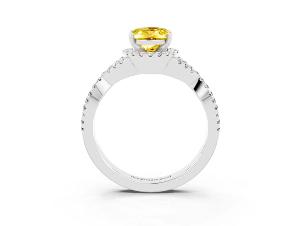 Platinum Oval Cut Yellow Sapphire  Halo Twist Band Solitaire Prong Setting Ring