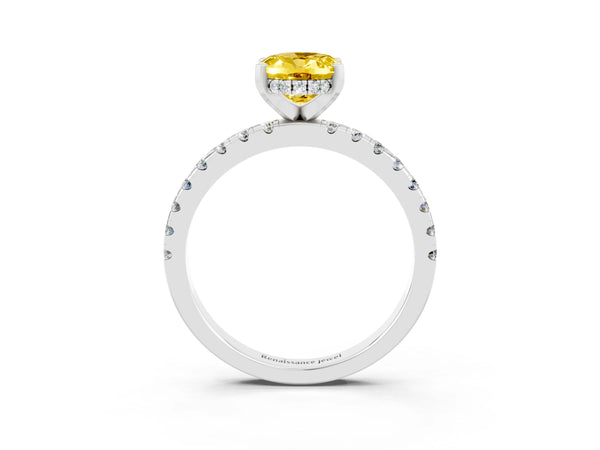 Platinum Oval Cut Yellow Sapphire Solitaire Ring with Round Pavé Band and Four-Prong Setting