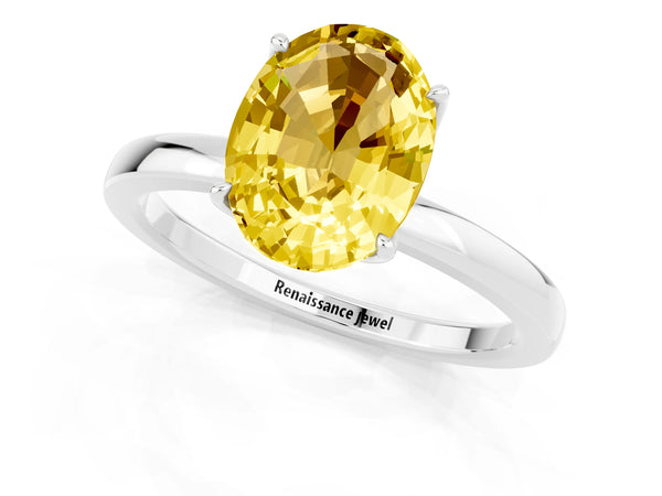 Platinum Oval Cut Yellow Sapphire Solitaire Ring with Thin Band and Prong Setting