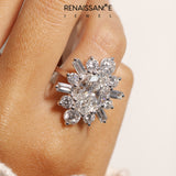 Platinum Oval Diamond Cluster Ring with Round and Baguette Stones, Split Shank Band, Prong Setting_49