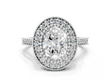 Platinum Oval Diamond Halo Ring with Milgrain Frame and Pavé Band