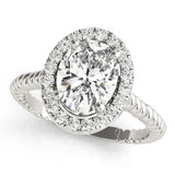 Platinum Oval Diamond Halo Ring with Twisted Band and Prong Setting