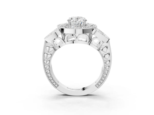 Platinum Oval Vintage Halo Engagement Ring Setting with Milgrain Leaf Panels and Carved Band