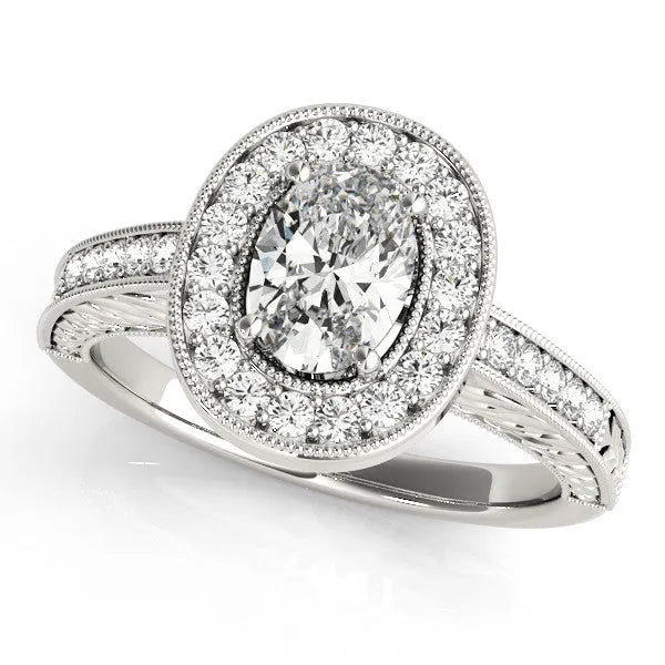 Platinum Oval Halo Diamond Engagement Ring with Pave Band and Four-Prong Setting