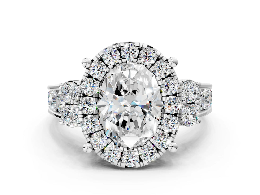 Platinum Oval Halo Diamond Engagement Ring with Split Shank and Four-Prong Setting
