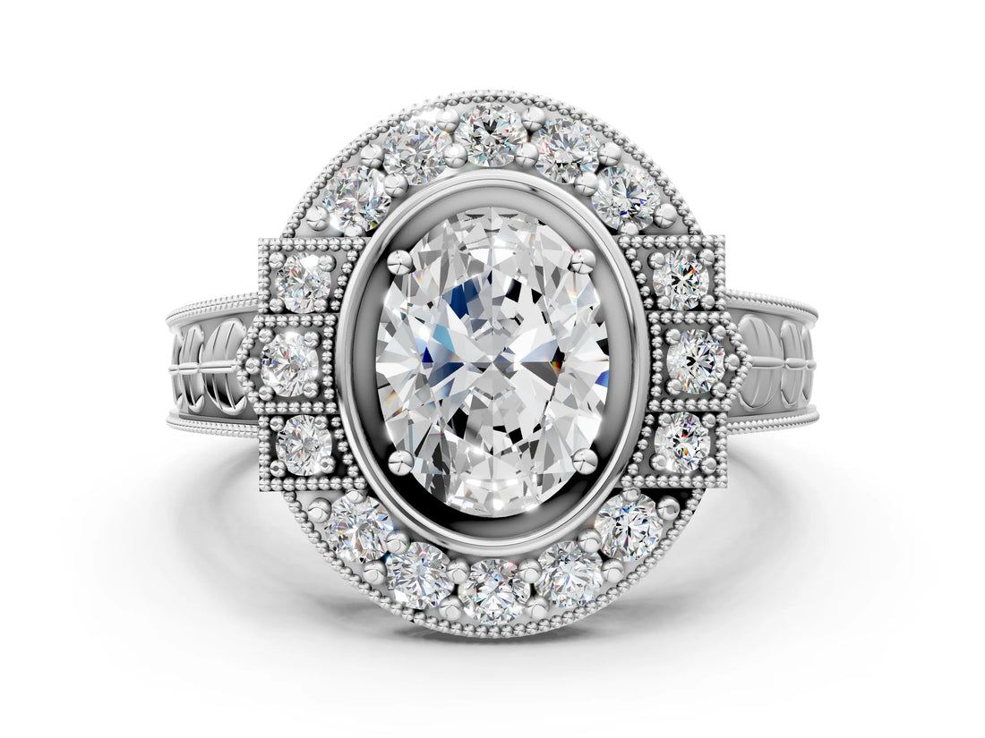 Platinum Oval Halo Diamond Ring with Milgrain Bezel and Prong Setting_6