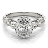 Platinum Oval Halo Diamond Ring with Scrollwork Band and Four-Prong Setting 1