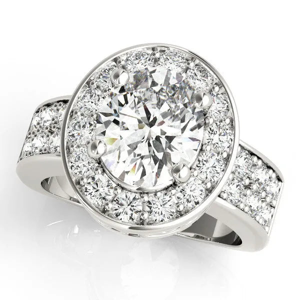 Platinum Oval Halo Pave Diamond Ring with Four-Prong Setting