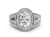 Platinum Oval Halo Split Shank Diamond Ring with Milgrain Prong Setting_14
