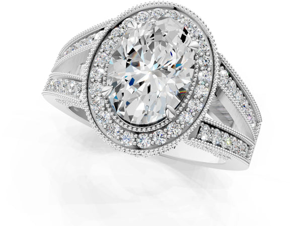 Platinum Oval Vintage Milgrain Halo Engagement Ring Setting with Pave Split Shank