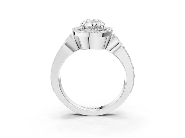 Platinum Oval Vintage Milgrain Halo Engagement Ring Setting with Pave Loop Shoulders