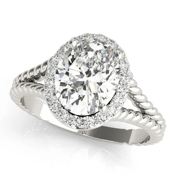 Platinum Oval Halo Split Shank Twisted Band Prong Set Ring