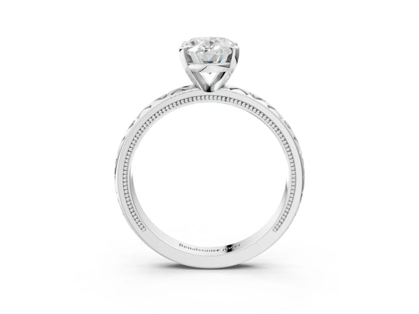 Platinum Oval Solitaire Engagement Ring Setting with XO Engraved Band and Milgrain Edges