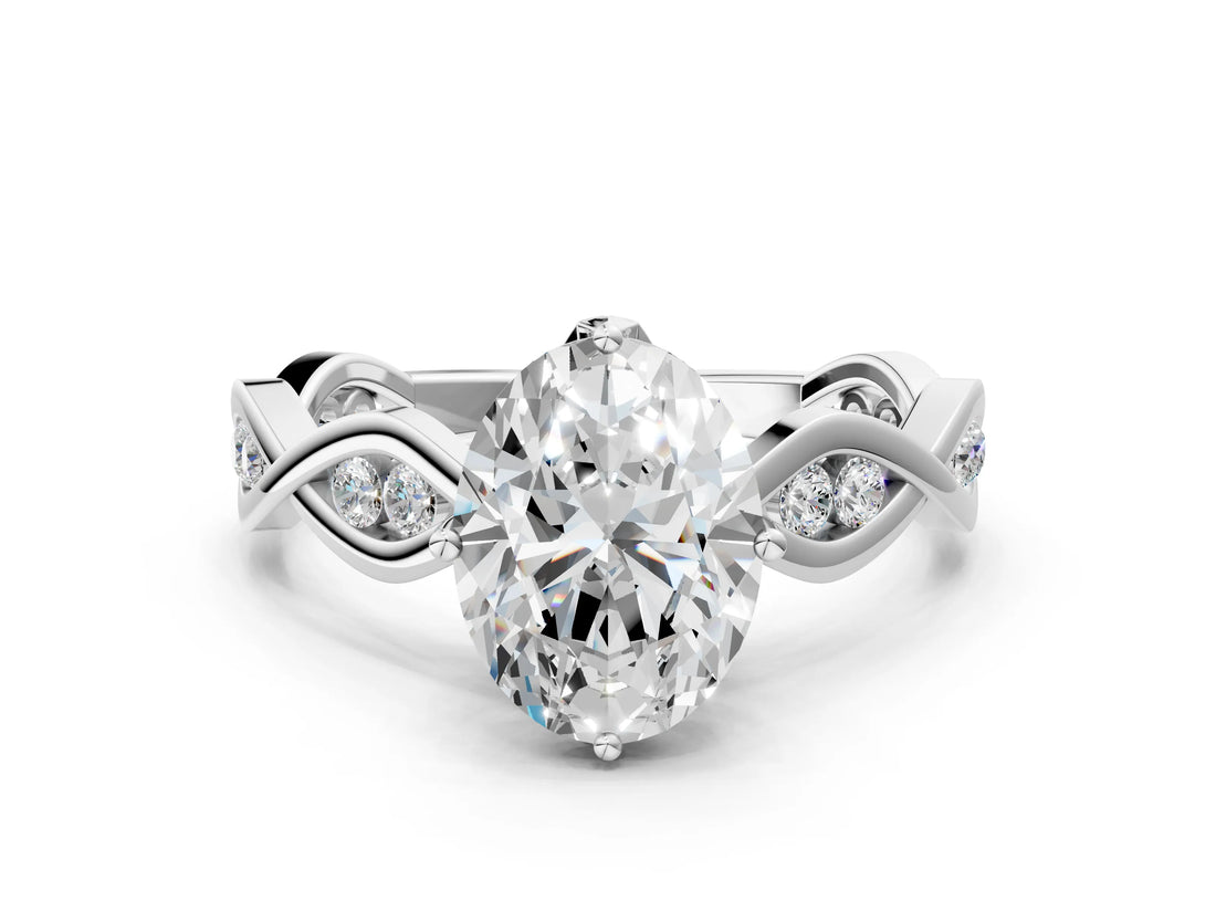 Platinum Oval Solitaire Twist Band with Leaf Prong Setting 1