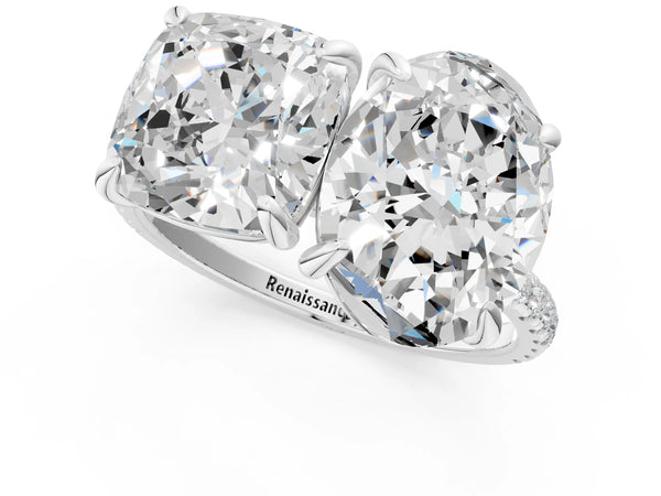 Platinum Oval and Cushion Toi Moi Ring with Prong Setting and Pave Band